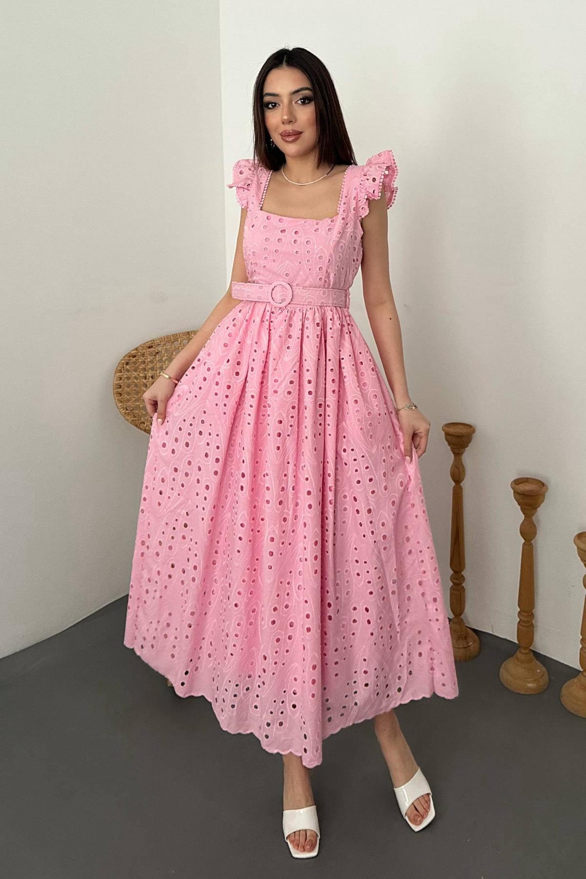 Pembe Fit & Flare Elbise Fırfırlı Japone Kollu