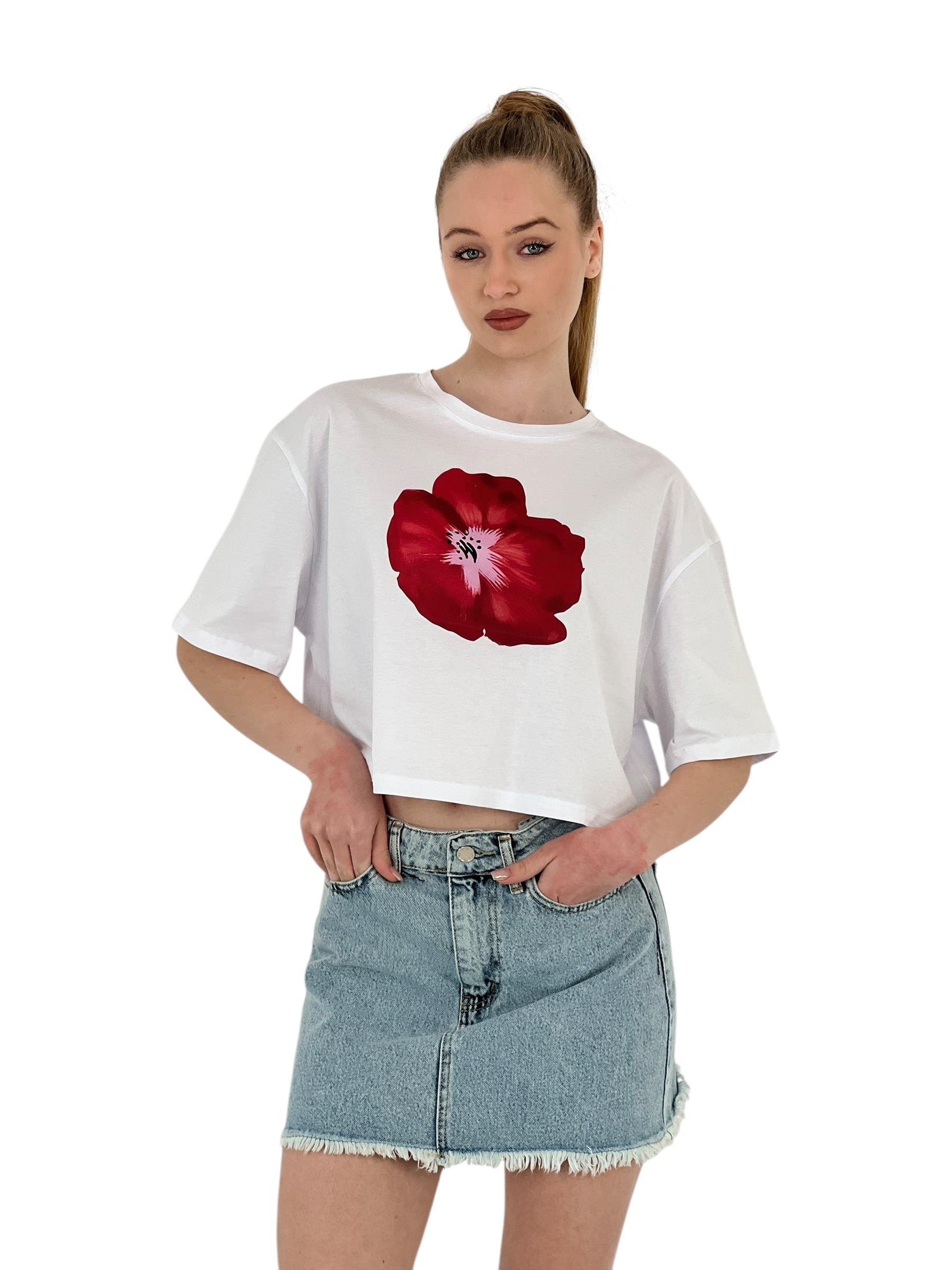 Oversize Gül Baskılı Kısa Siyah Crop Tişört