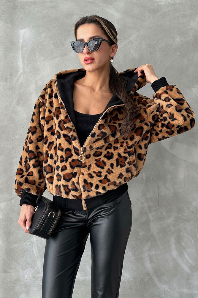 Leopar Bakılı Pelüş Mont - Camel