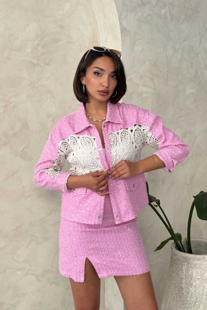 Dantel Detatlı Kot Ceket - Pembe
