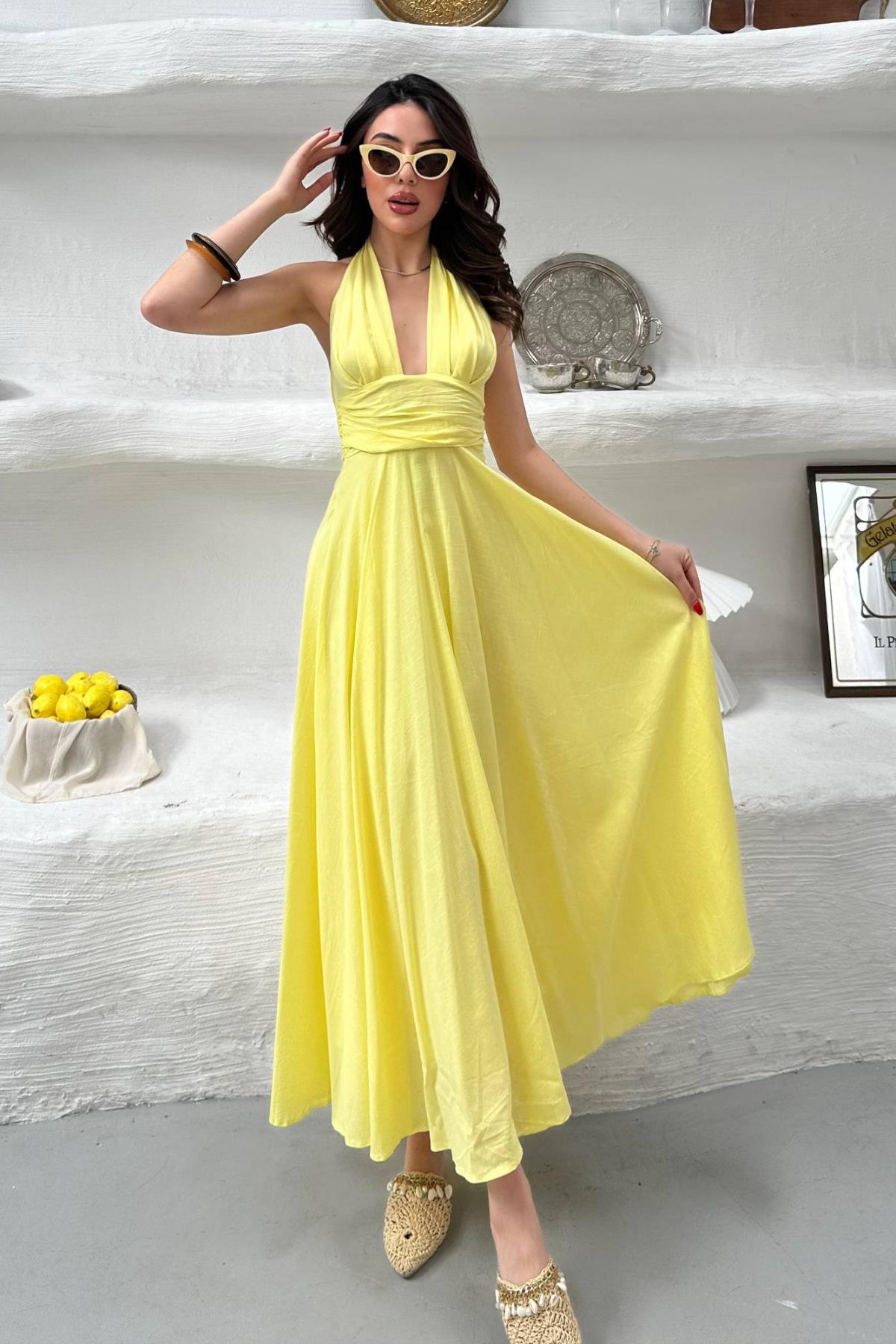 Sarı Zarif Fit & Flare Maksi Elbise