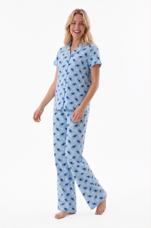Mavi Stitch Önden Düğmeli Pijama Takımı
