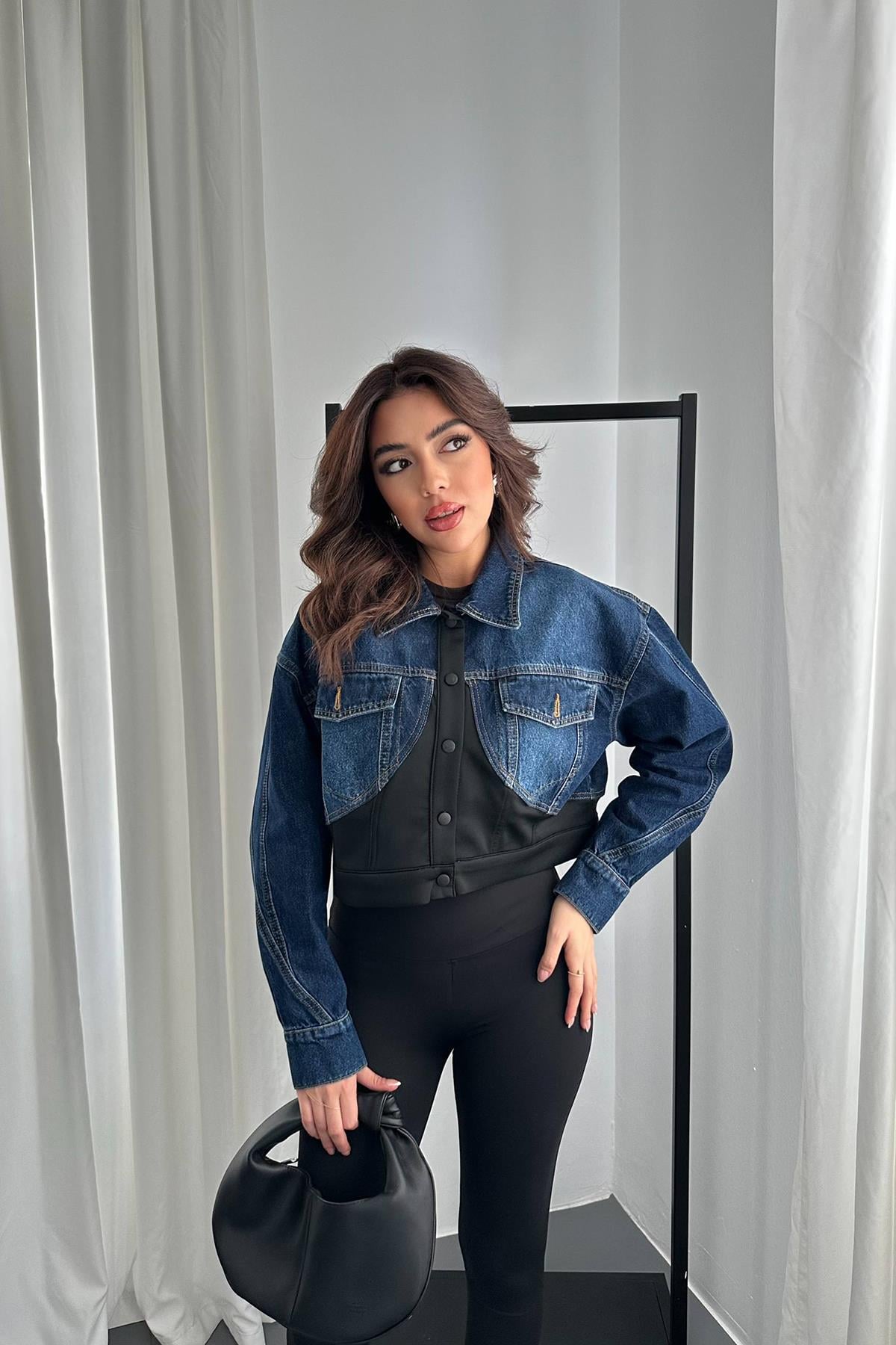 Denim Scuba Garnili Ceket - Siyah