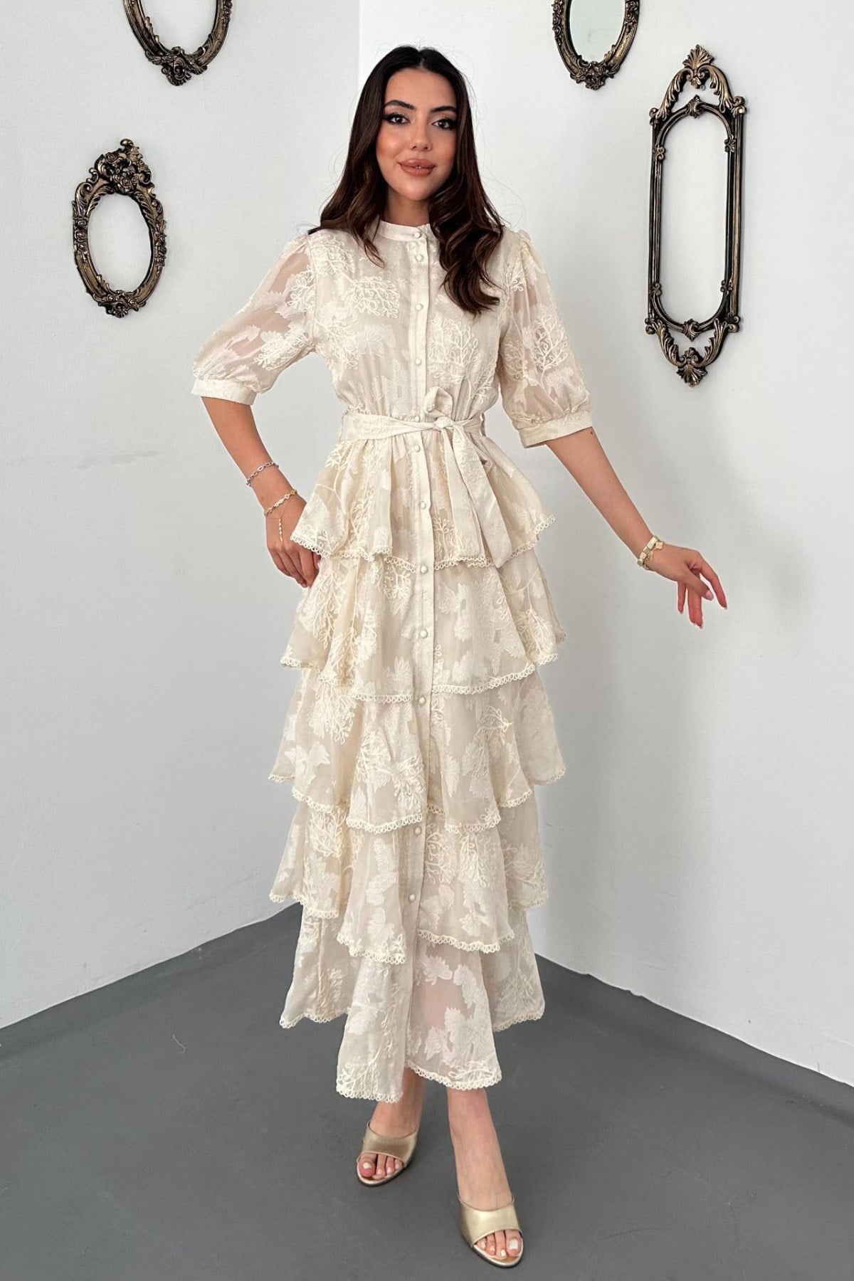 Bej Çiçekli Fit & Flare Elbise  Karpuz Kollu