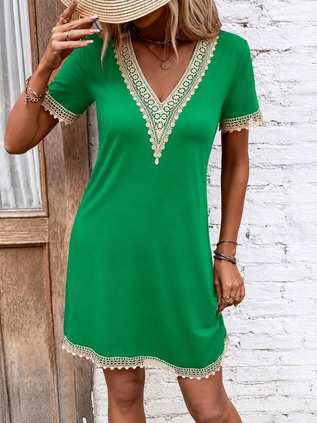 Yeşil Günlük Boho Shift Elbise V Yaka