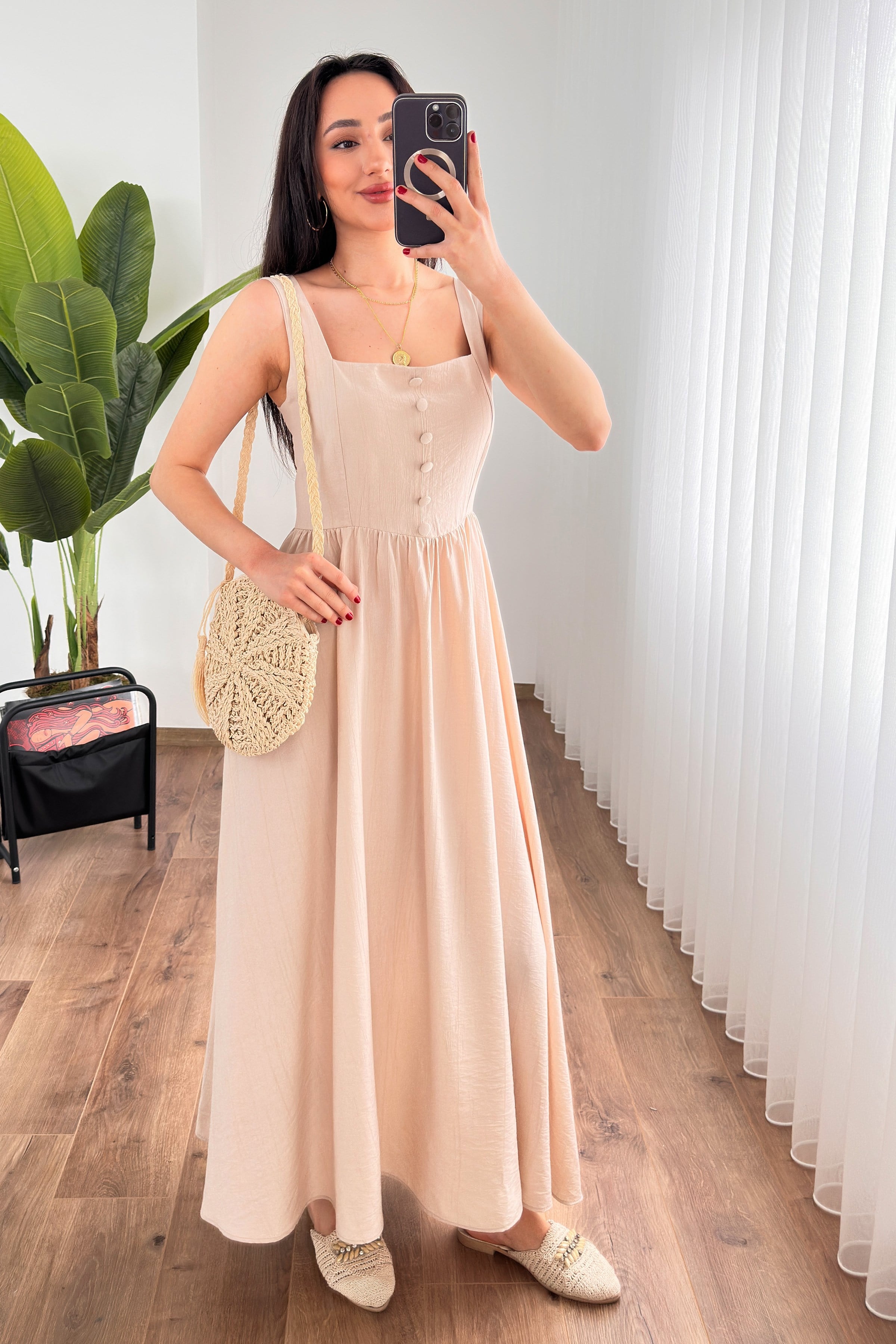 Bej Fit And Flare Elbise Kare Yaka İle