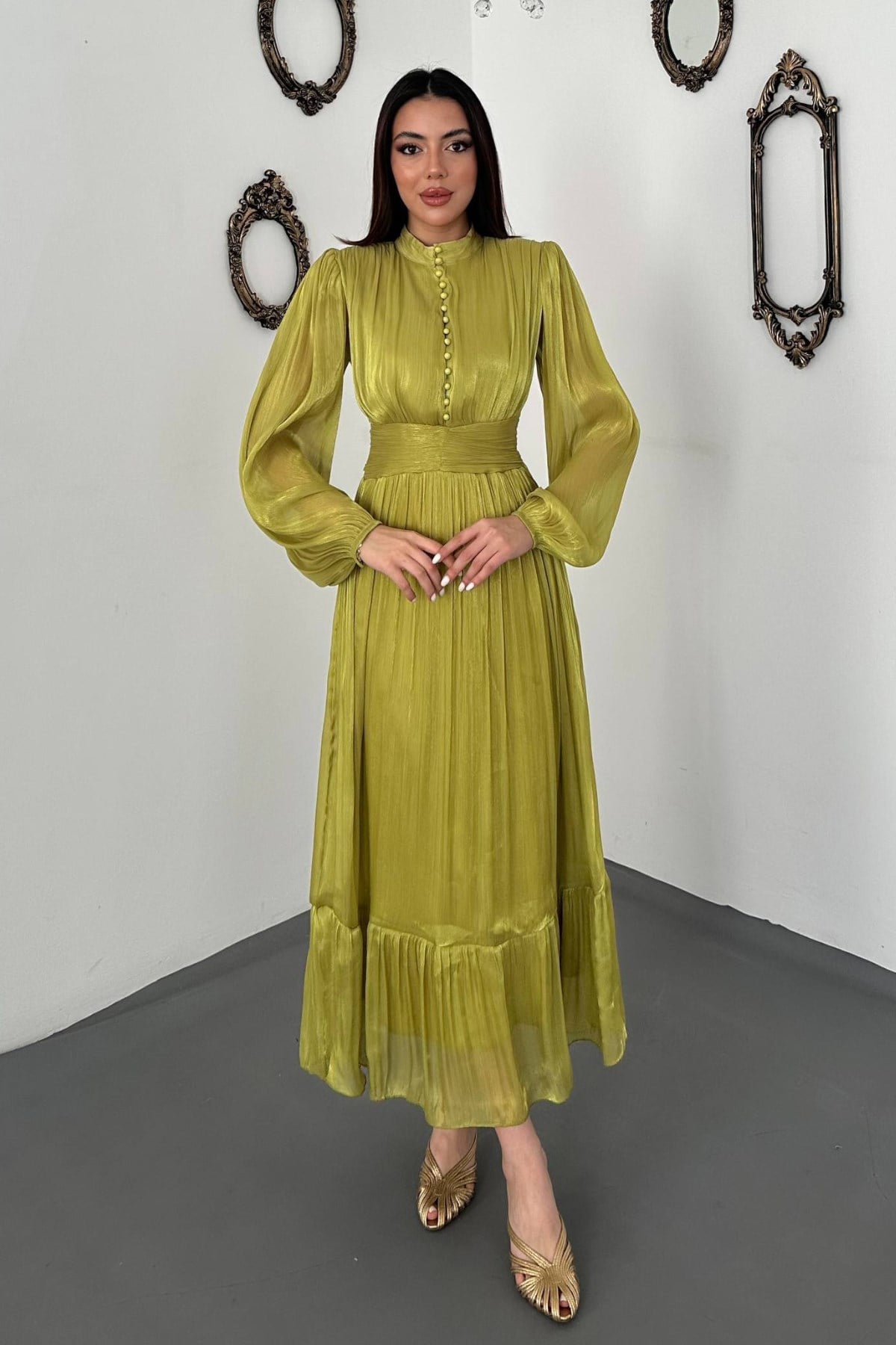 Zarif Yeşil Fit & Flare Midi Elbise