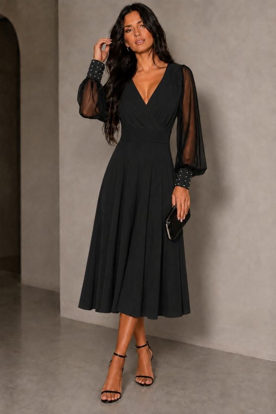 Zarif Siyah Fit And Flare Elbise