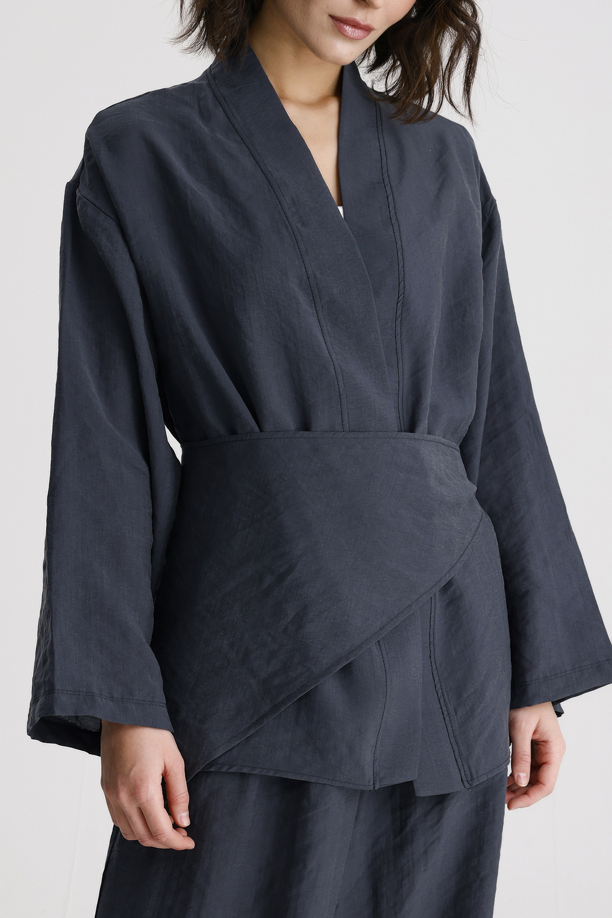 Lacivert Kimono  Şal Yaka Ve Bağlamalı