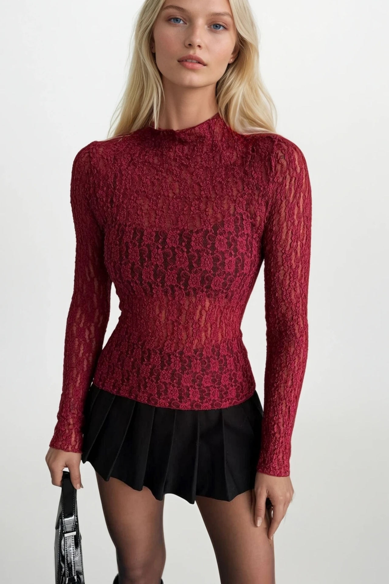 Bordo Bluz Çiçekli Ve Karpuz Kollu