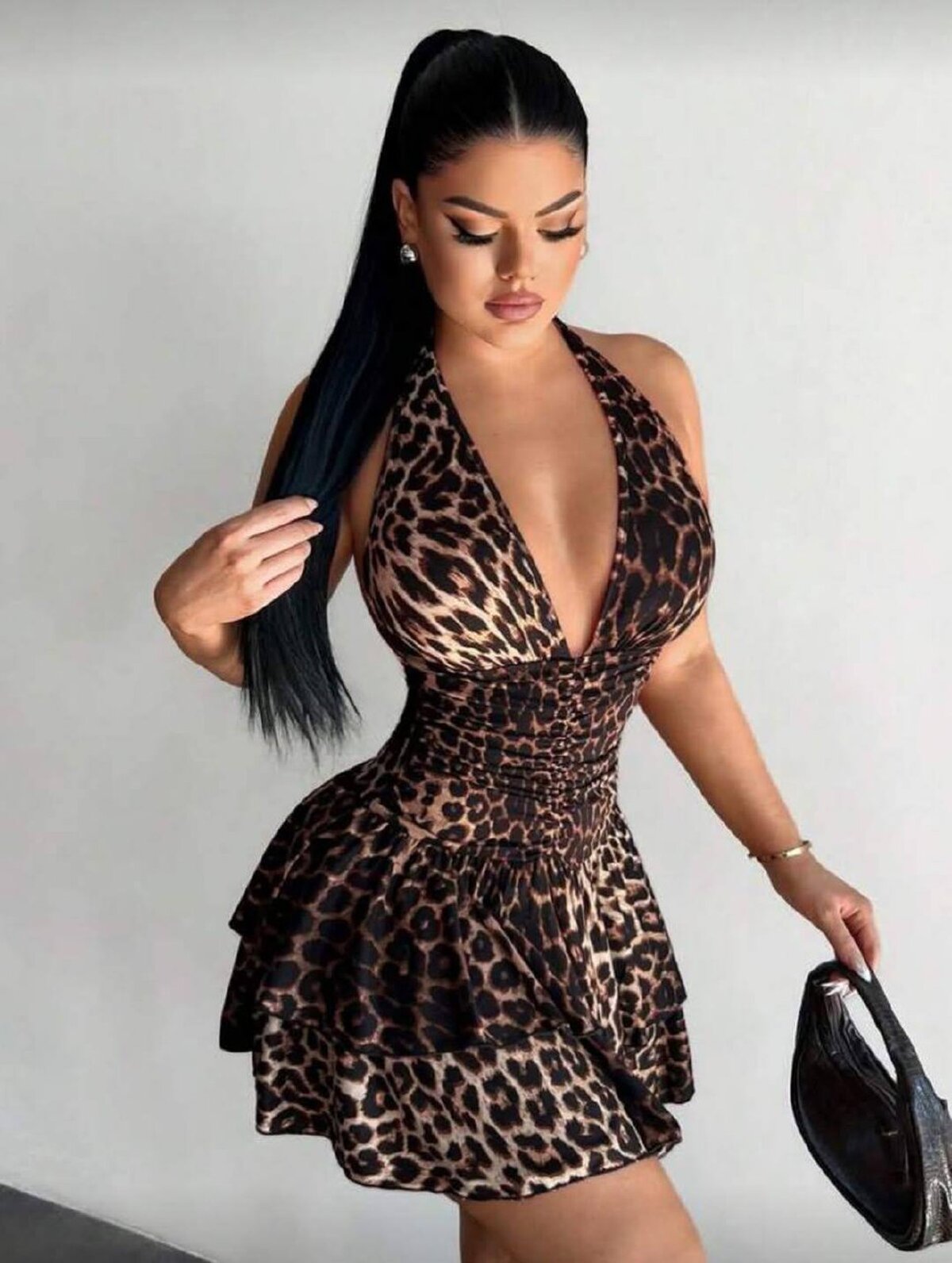 Kahverengi Leopar Baskılı Fit & Flare Mini Elbise