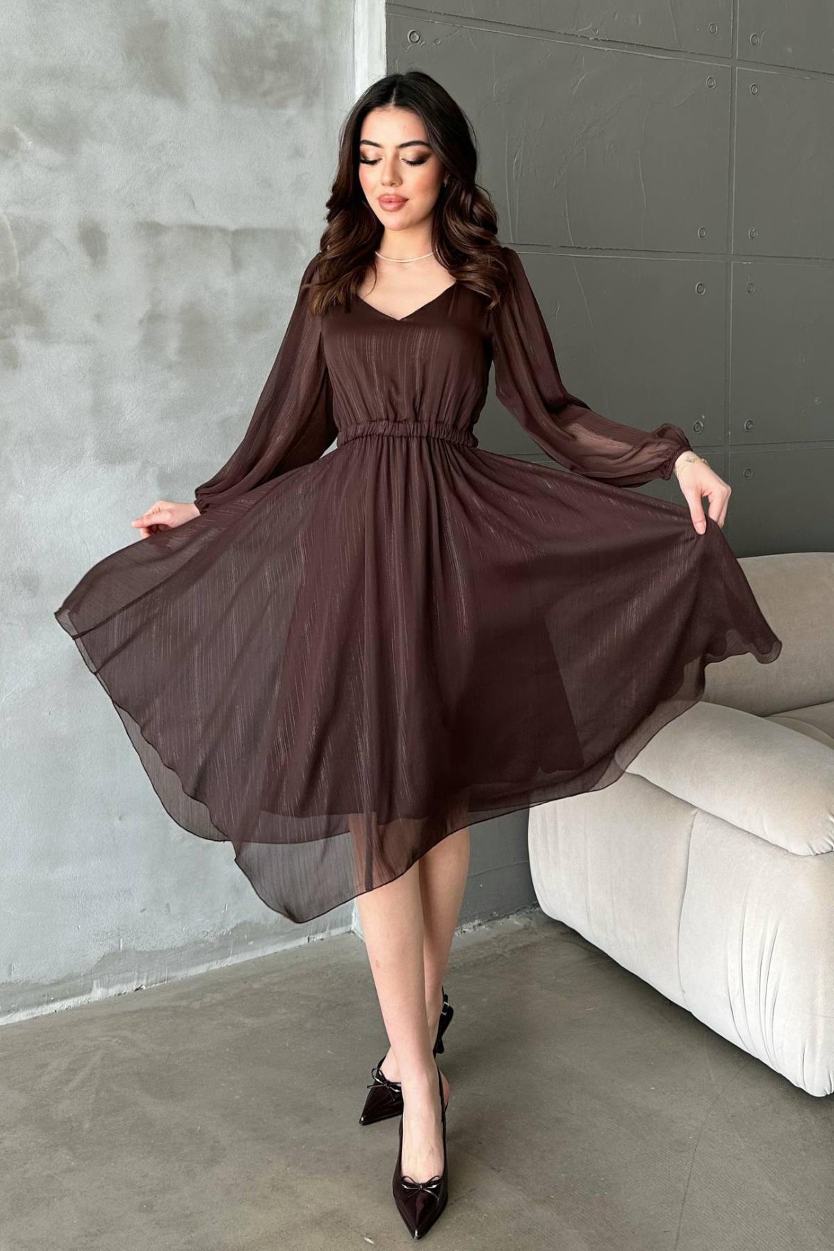 Zarif Kahverengi Fit & Flare Midi Elbise