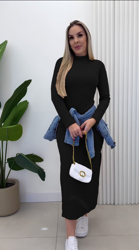 Siyah Zarif Bodycon Elbise Balıkçı Yakalı