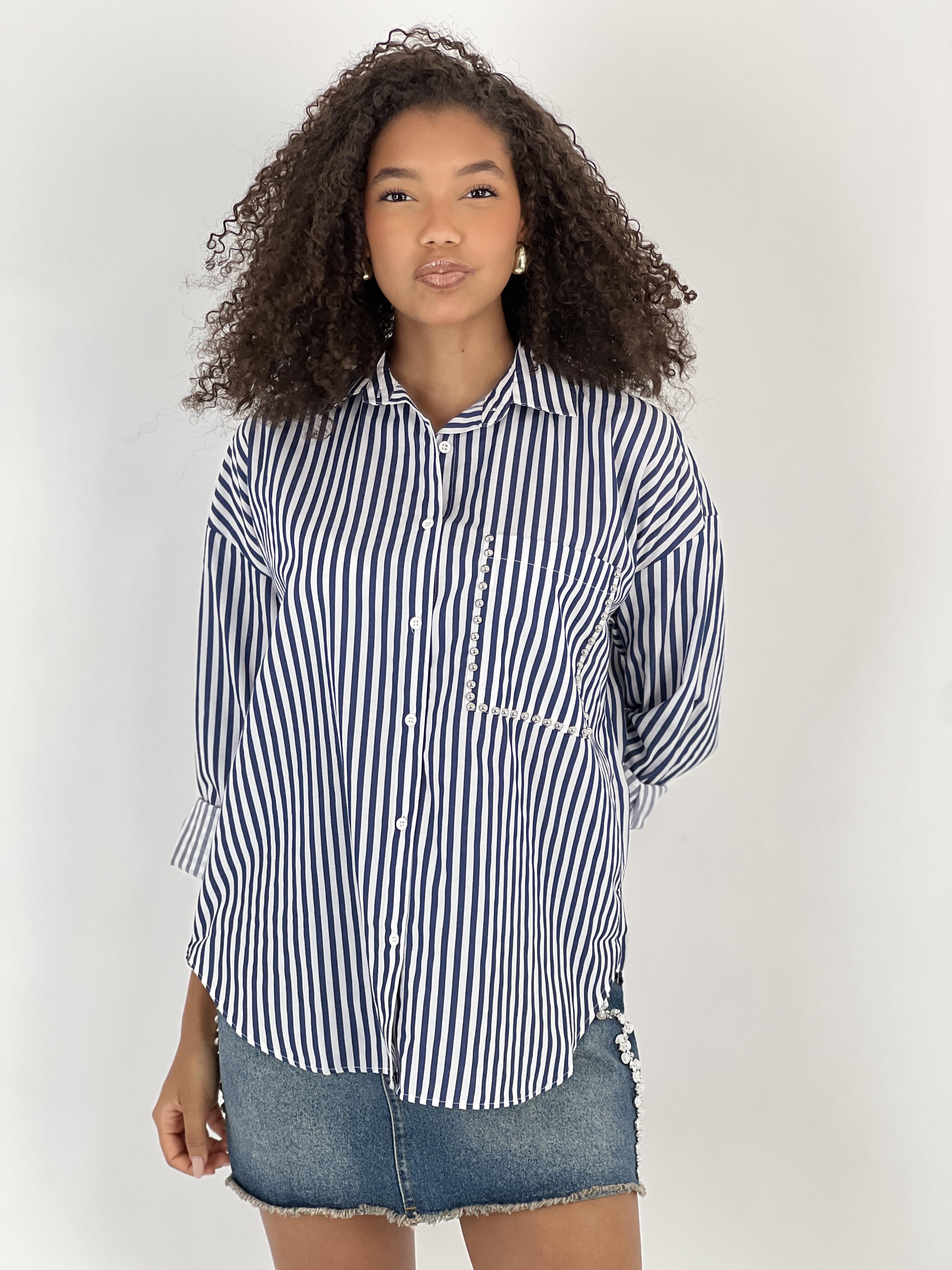 Mavi Çizgili Oversize Polo Yaka Gömlek