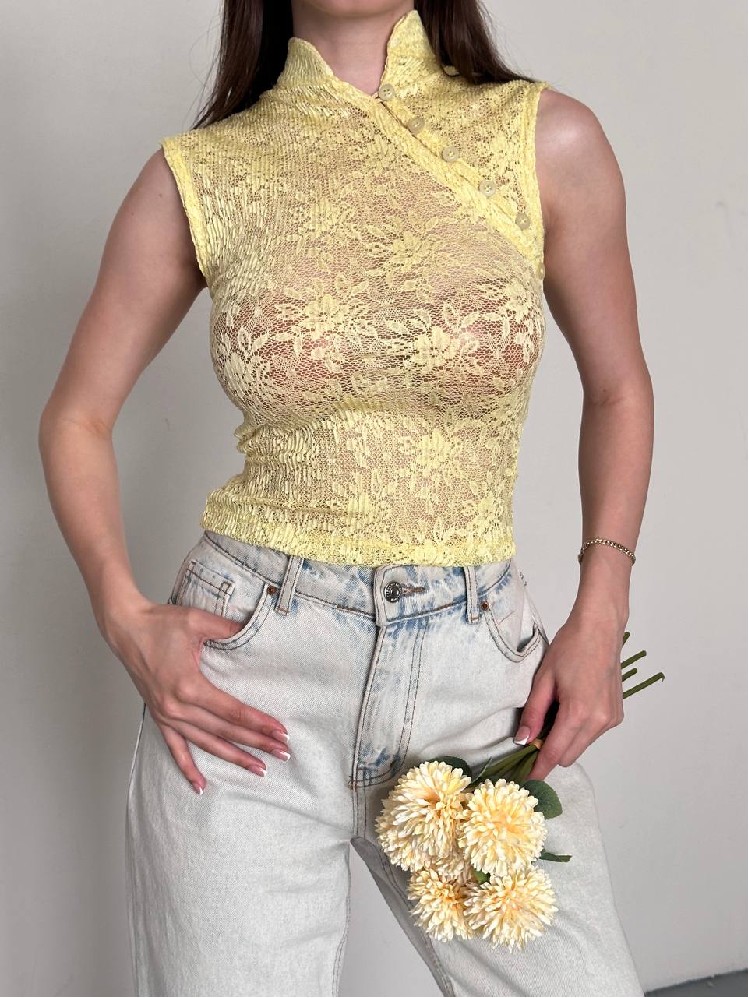 Sarı Çiçekli Ekstra Dar Crop Bluz Balıkçı Yaka