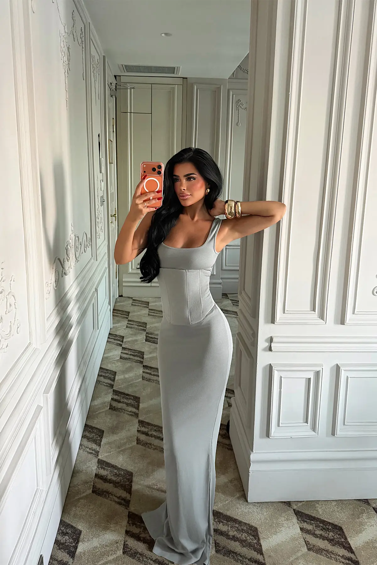 Gri Bodycon Kolsuz Kare Yaka Elbise
