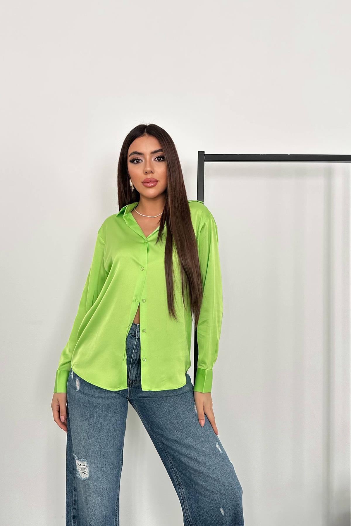 Saten Gömlek - Neon Yeşil
