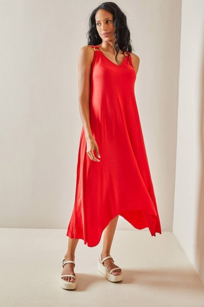 Kırmızı Fit & Flare Midi Elbise V Yakalı Ve Japone Kollu