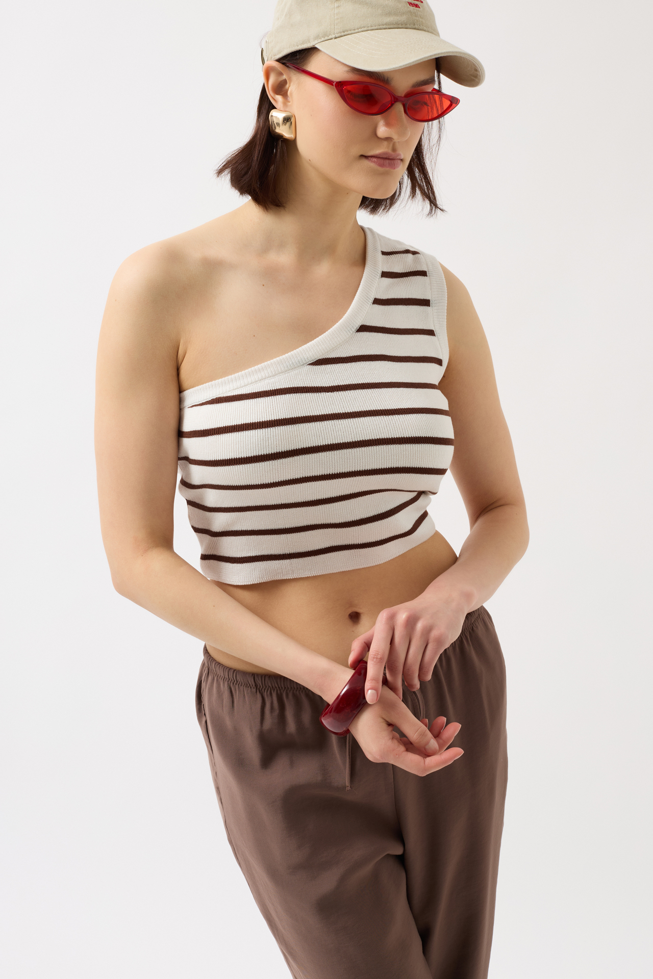 Tek Omuz Çizgili Crop - Beyaz - Kahverengi
