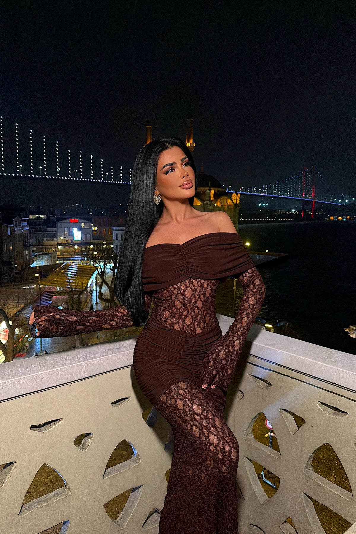 Kahverengi Seksi Zarif Işıltılı Resmi Bodycon Elbise