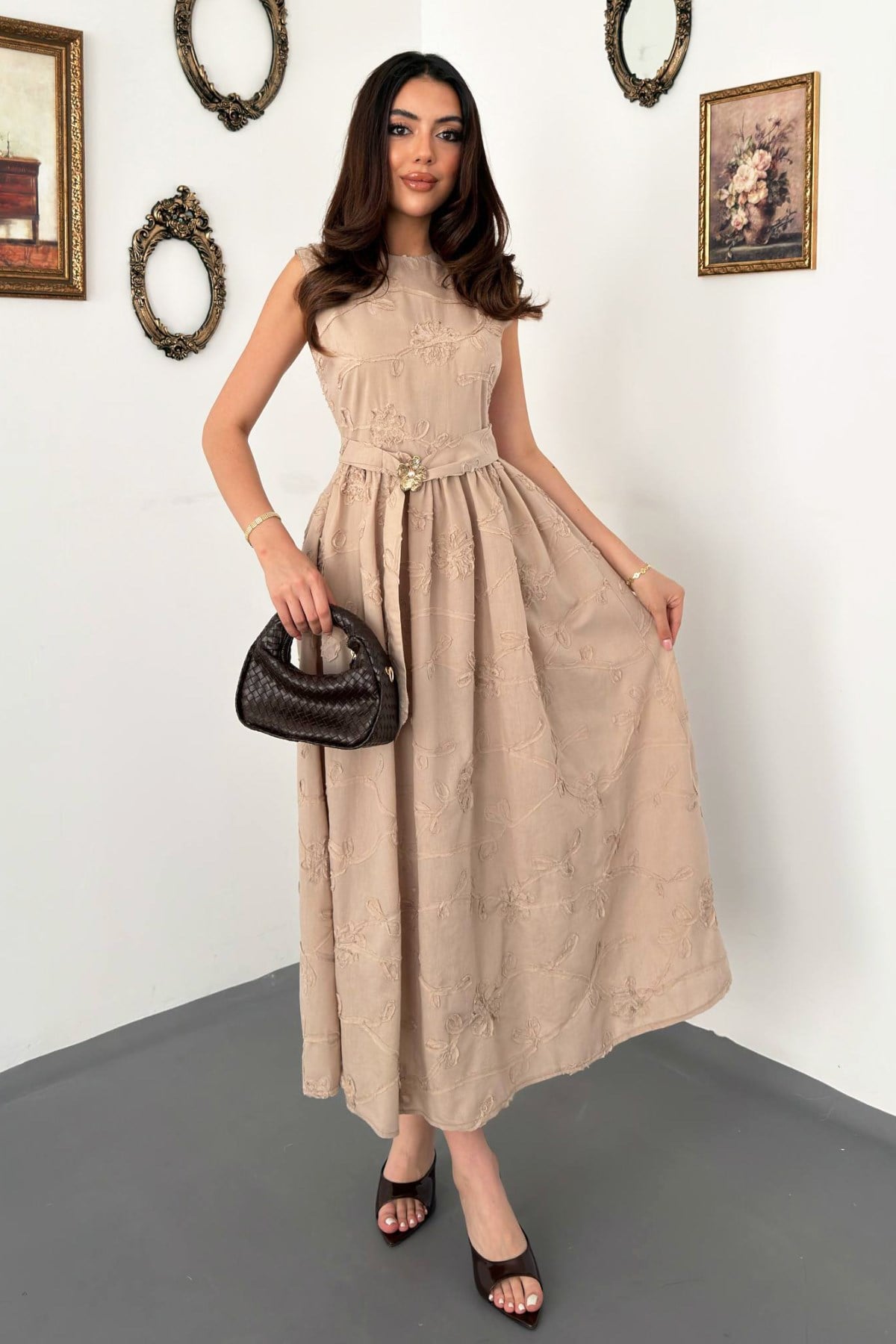 Bej Fit And Flare Maksi Elbise Çiçek Desenli