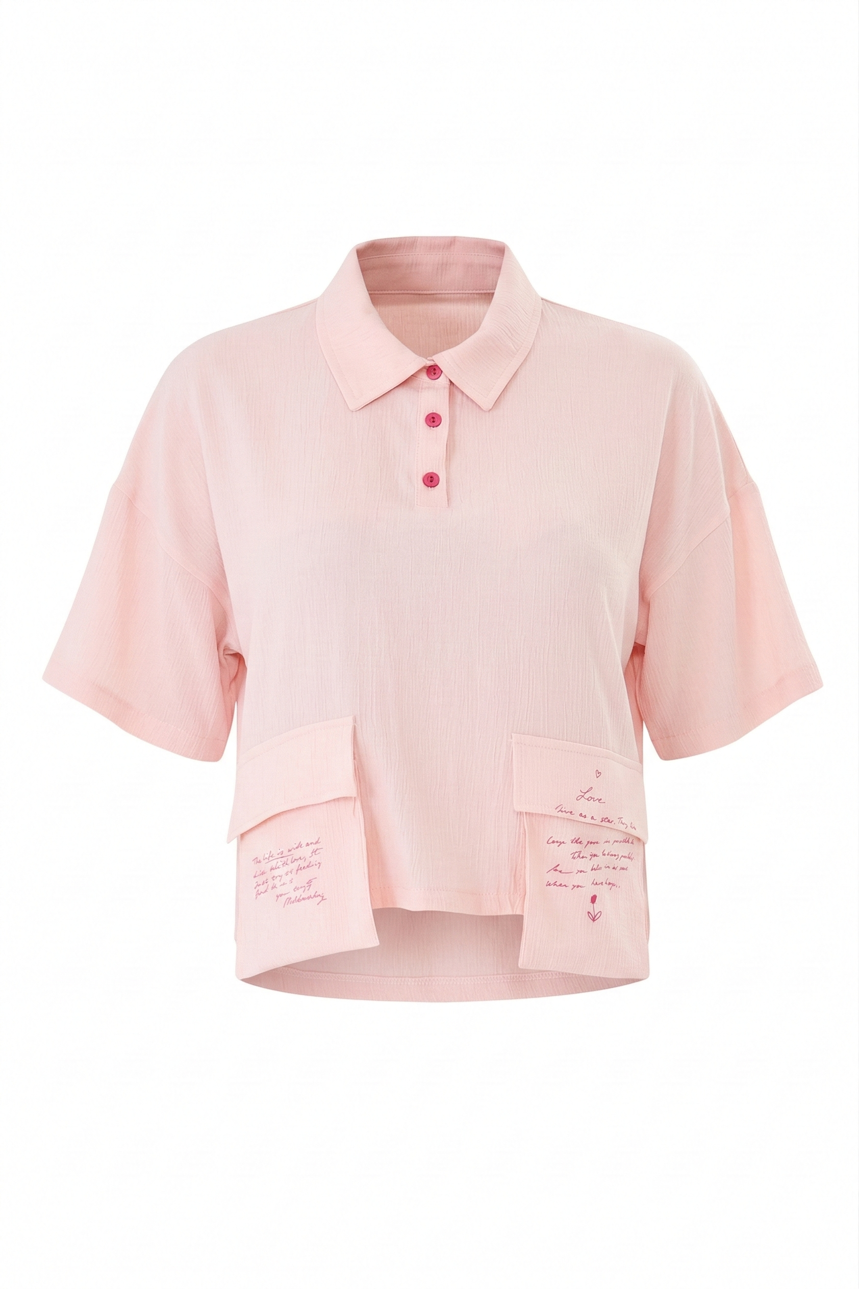 Pembe Bluz – Gündelik Sevimli Yazı Baskılı Kısa Polo Yaka
