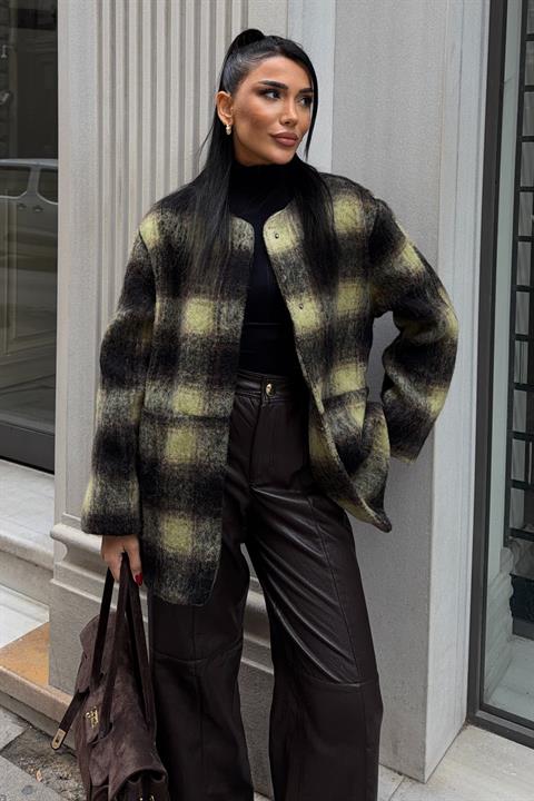 Siyah Oversized Fit Tek Düğmeli Damalı Kaban