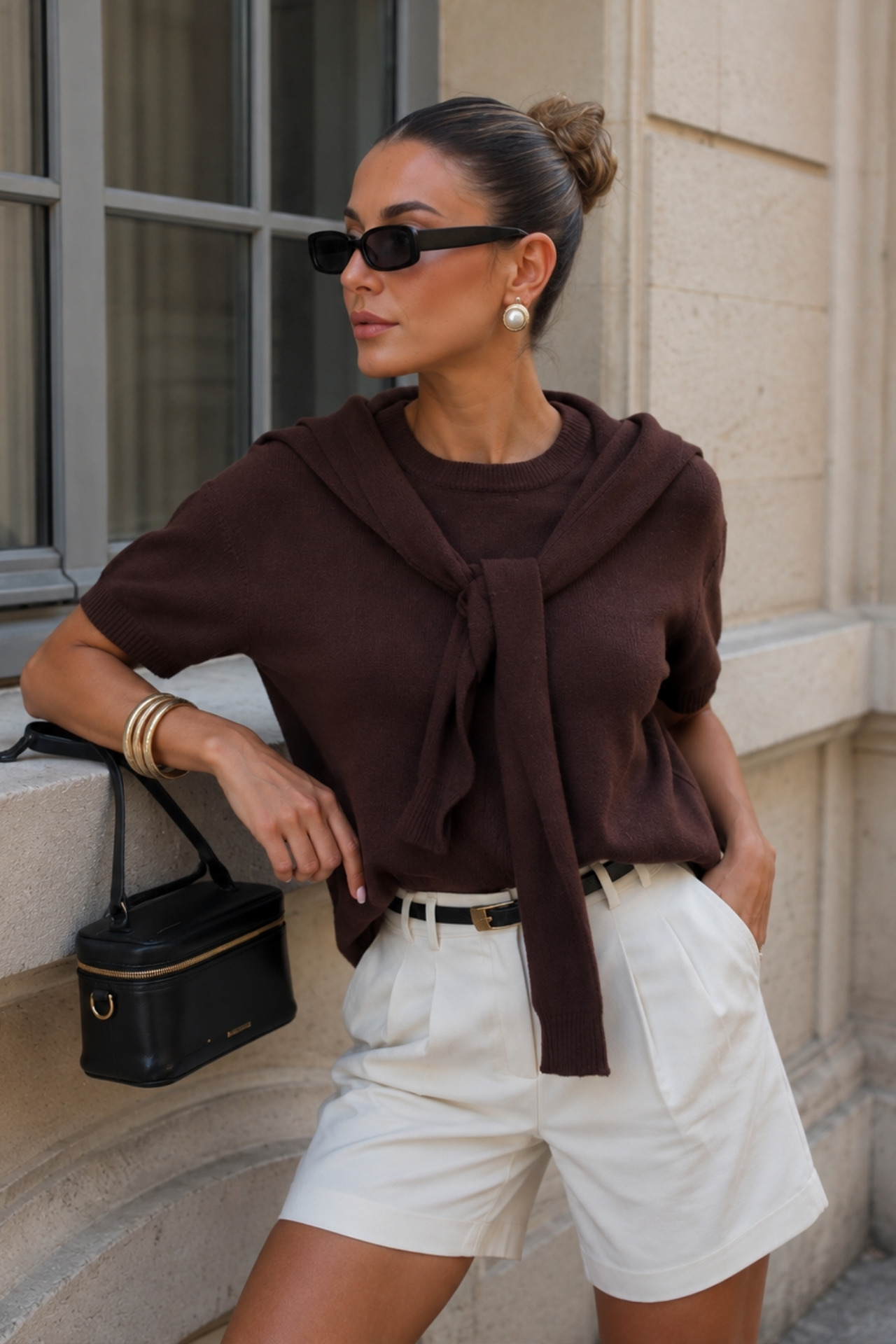 Kahverengi Gündelik Zarif Bluz Yarım Kollu