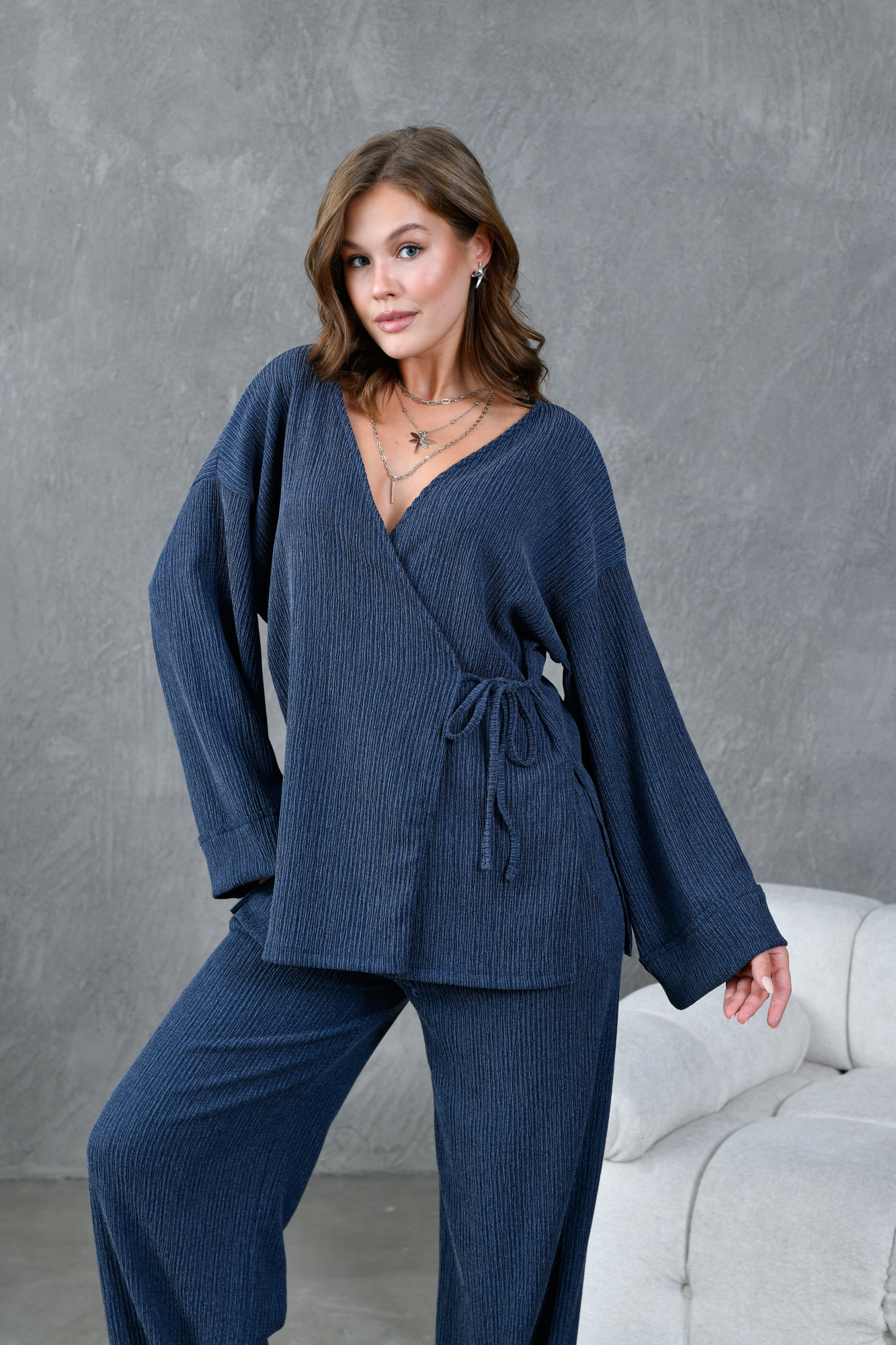 İndigo Krinkıl Kumaş Kimono 28174