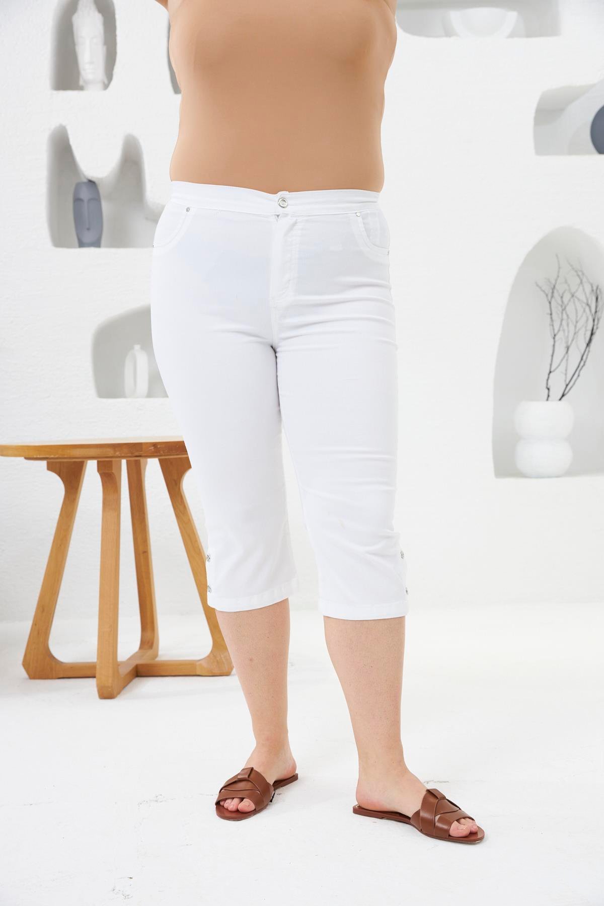 Beyaz Gündelik Büyük Beden Mom Pantolon Orta Bel Crop