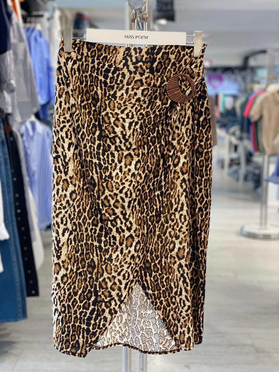 Kahverengi Leopar Baskılı Yüksek Bel Midi Wrap Etek