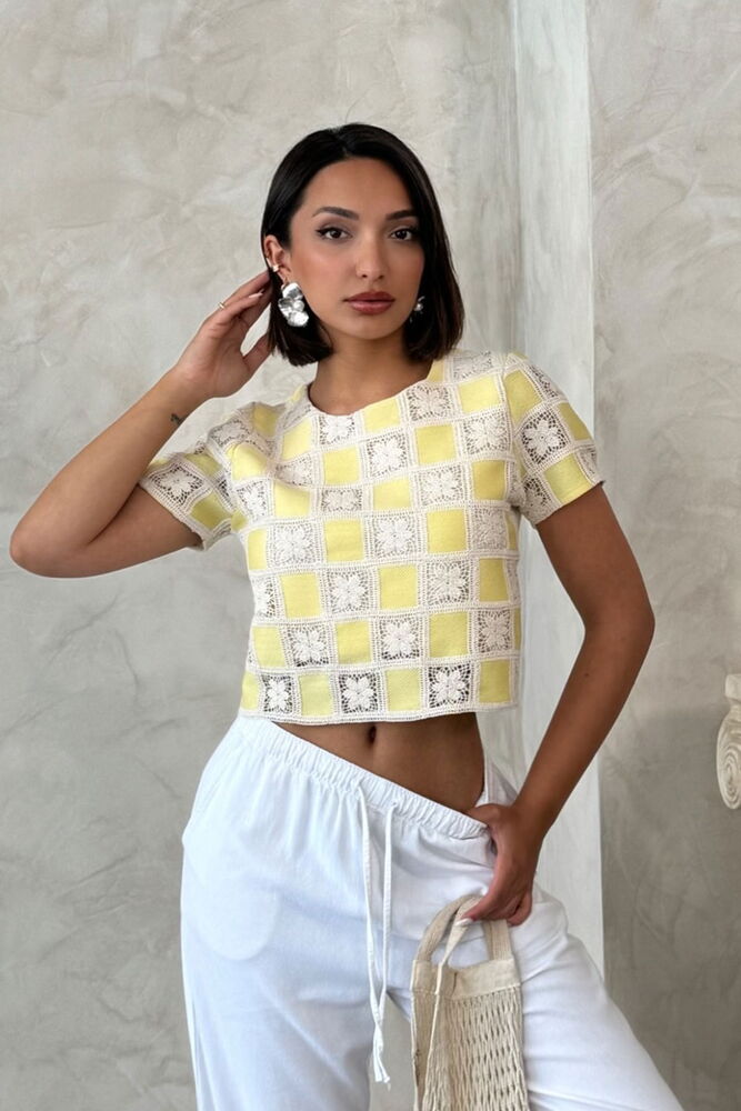 Sarı Gündelik Boho Kare Ve Çiçek Desenli Bluz