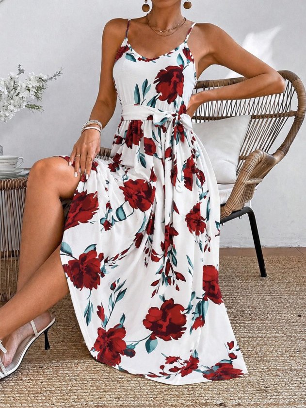 Beyaz Çiçekli V Yaka Midi Slip Elbise Ve Japone Kol