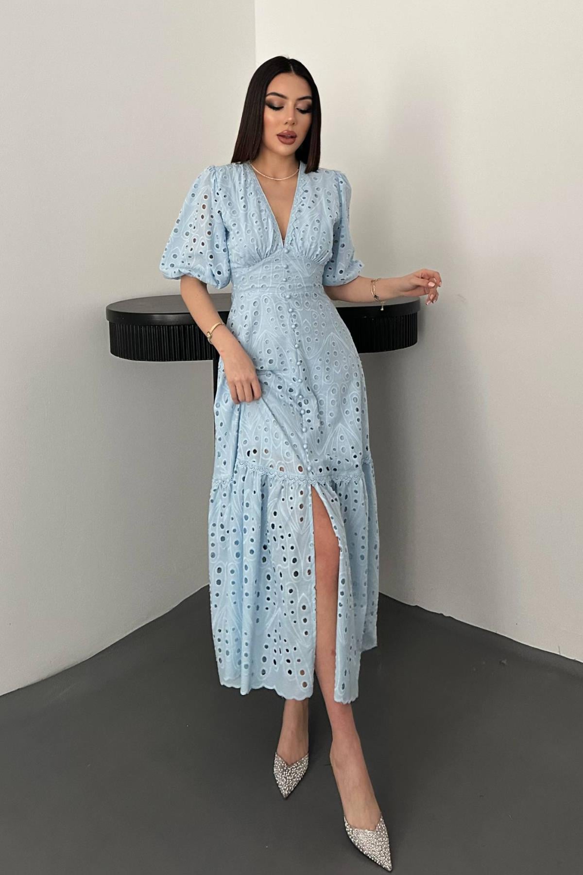 Zarif Mavi Fit & Flare Elbise