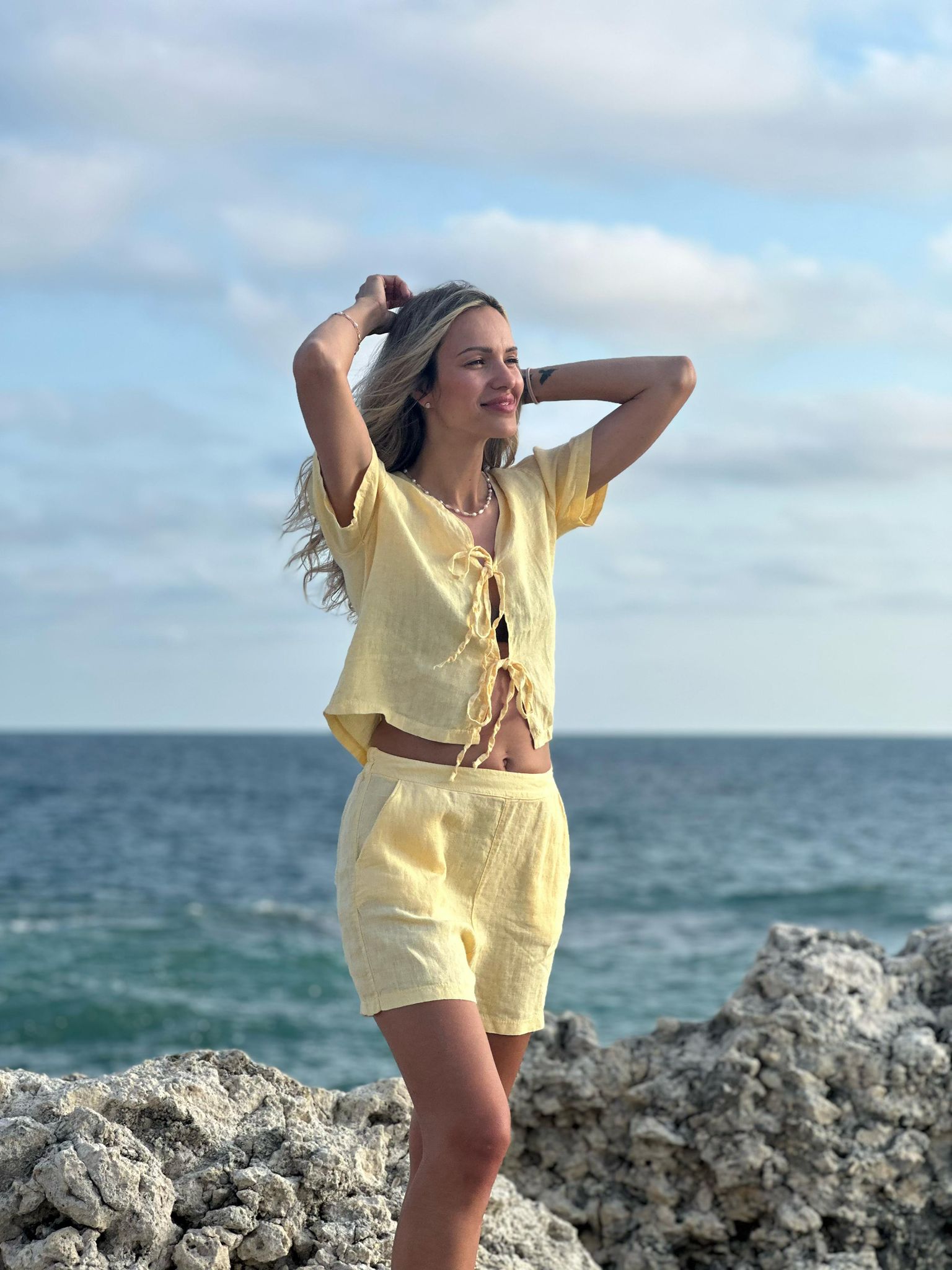 Sarı Gündelik Zarif Boho Bermuda Şort