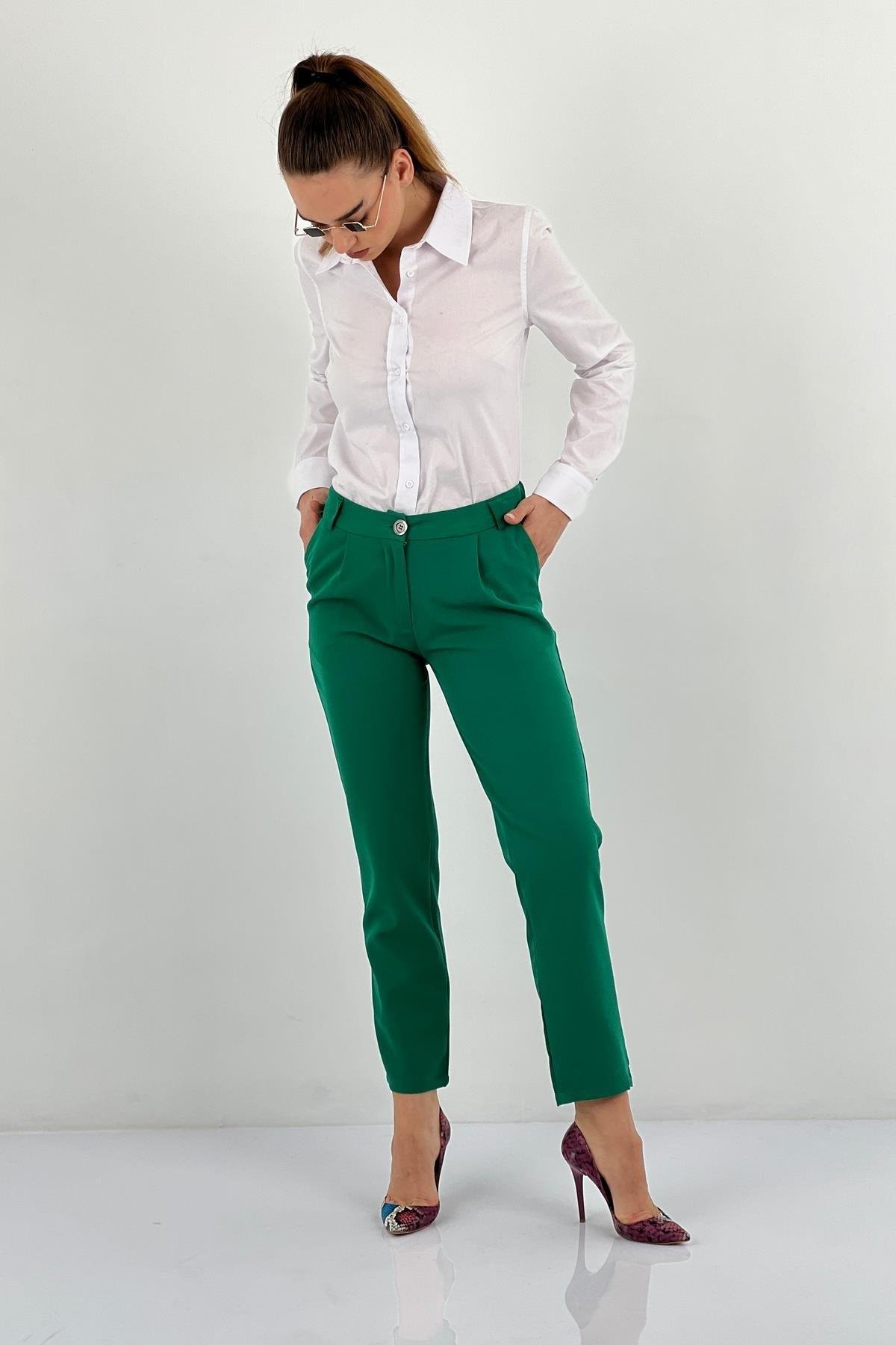 Yeşil Havuç Crop Pantolon Yan Cepli