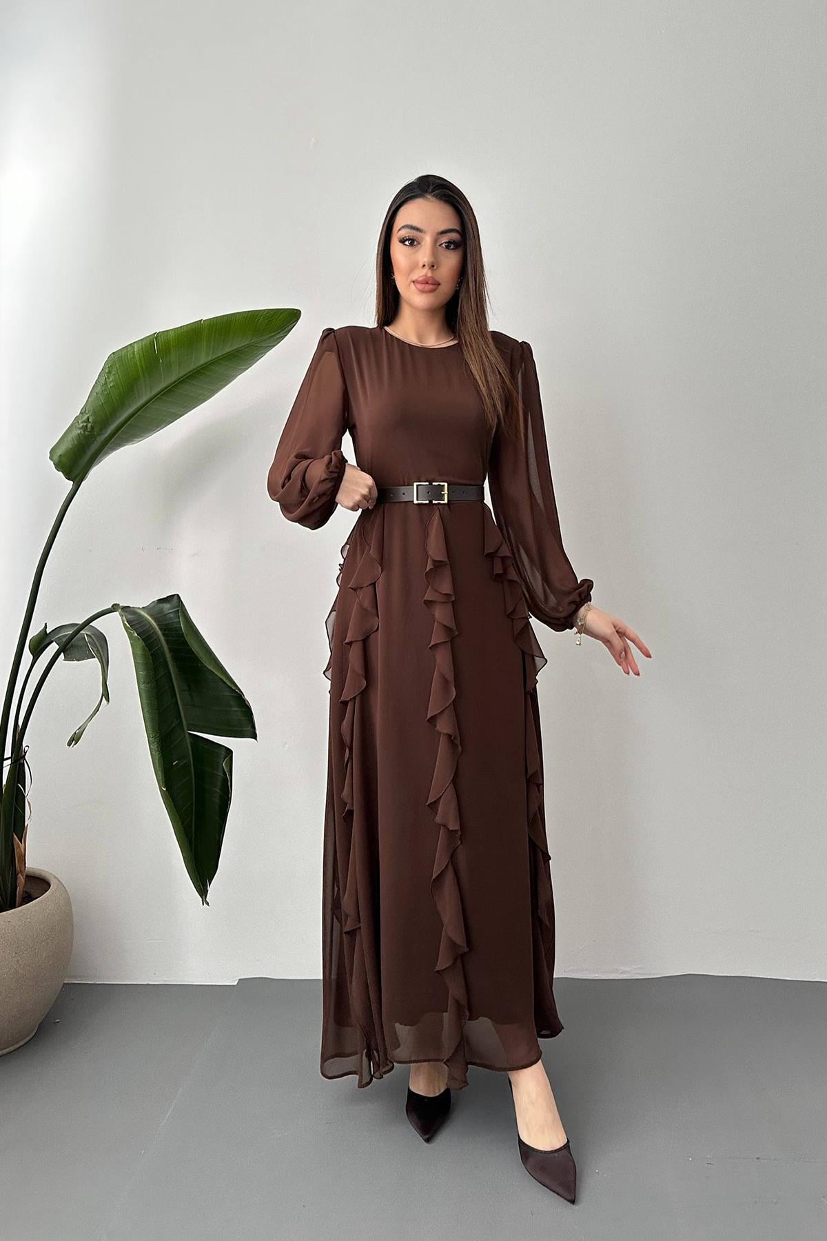 Kahverengi Tesettür Zarif Fit & Flare Elbise