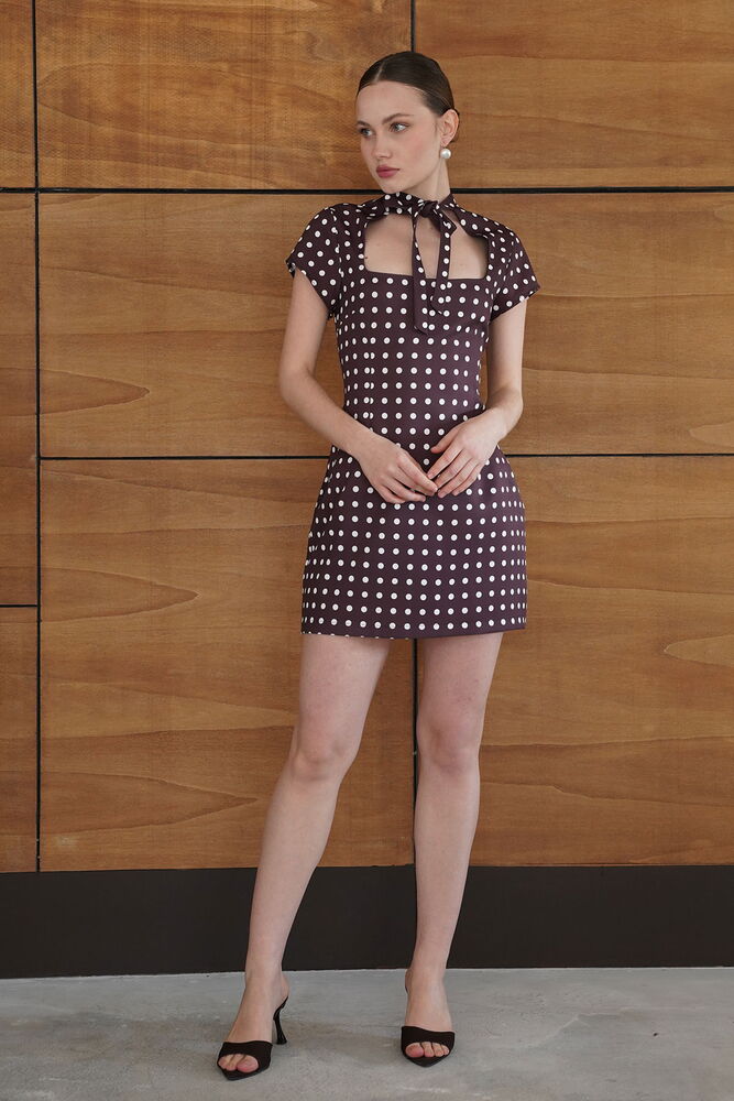 Kahverengi Retro Mini Fit & Düz Elbise Puantiye