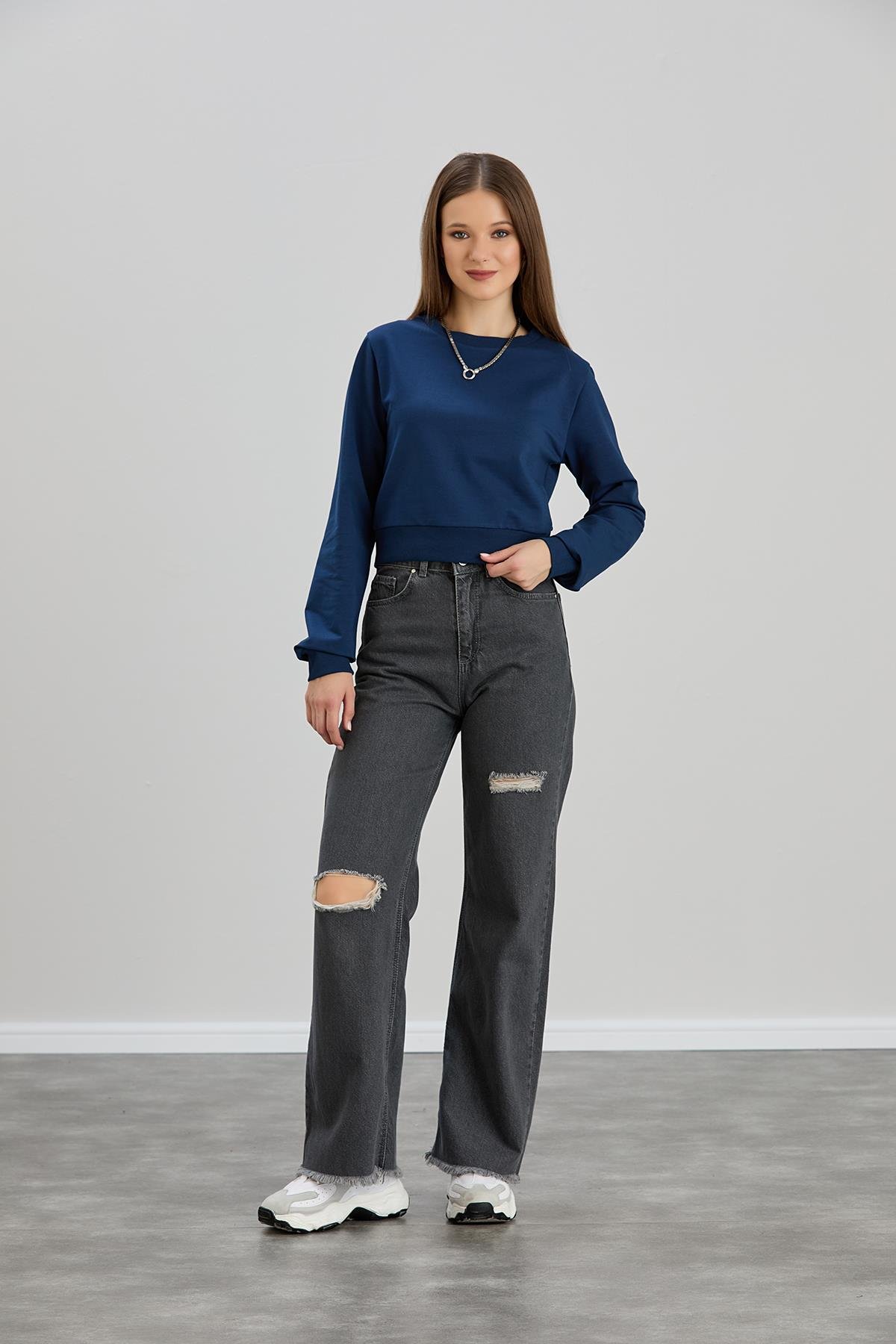 Bisiklet Yaka İki İplik Crop Sweat - İndigo