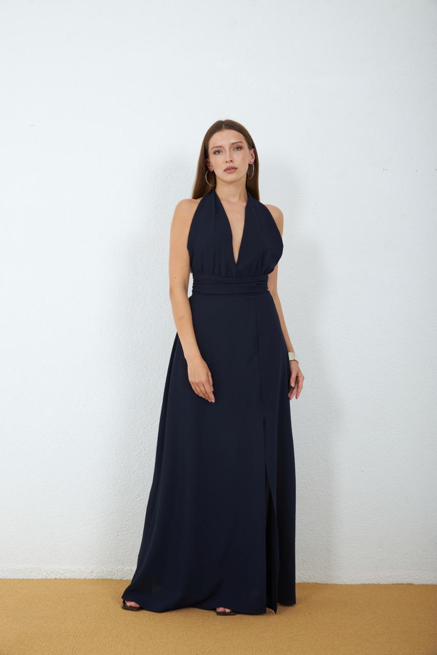 Zarif Lacivert Wrap Elbise  Halter Yaka İle