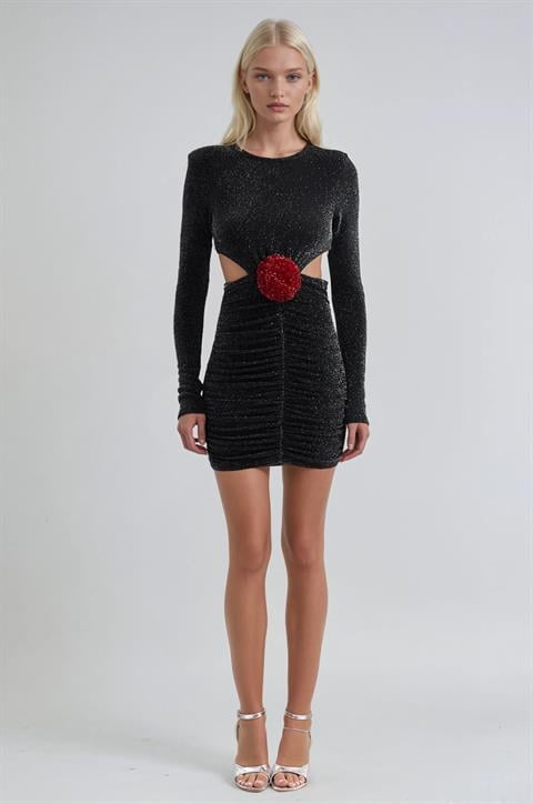 Siyah Seksi Işıltılı Bodycon Mini Elbise Uzun Kollu