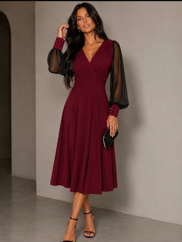 Bordo Fit & Flare Elbise Balon Kollu