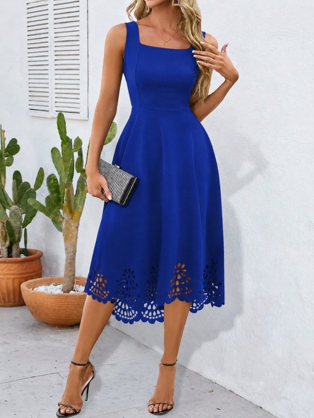 Mavi Fit And Flare Elbise Kare Yaka İle