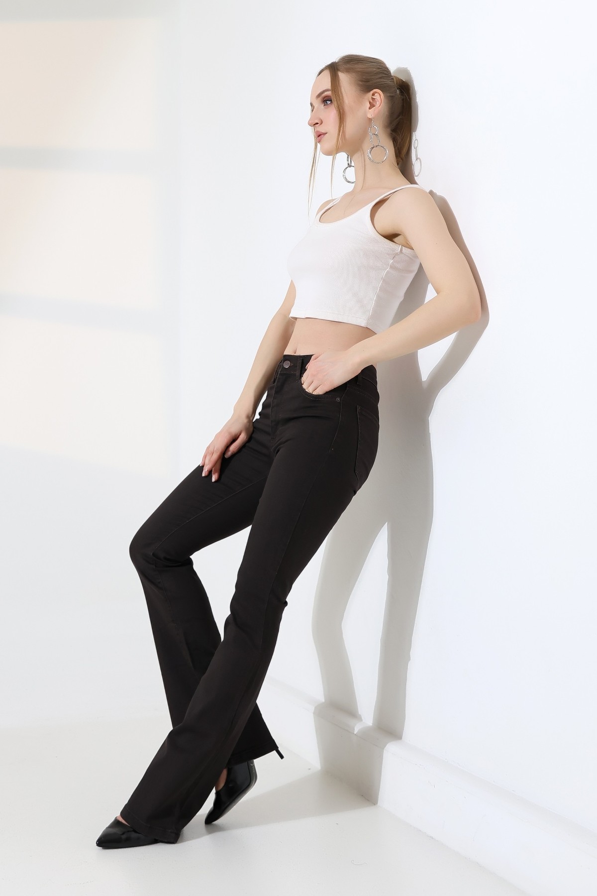 Siyah İspanyol Paça Çizme Pantolon - Orta Bel