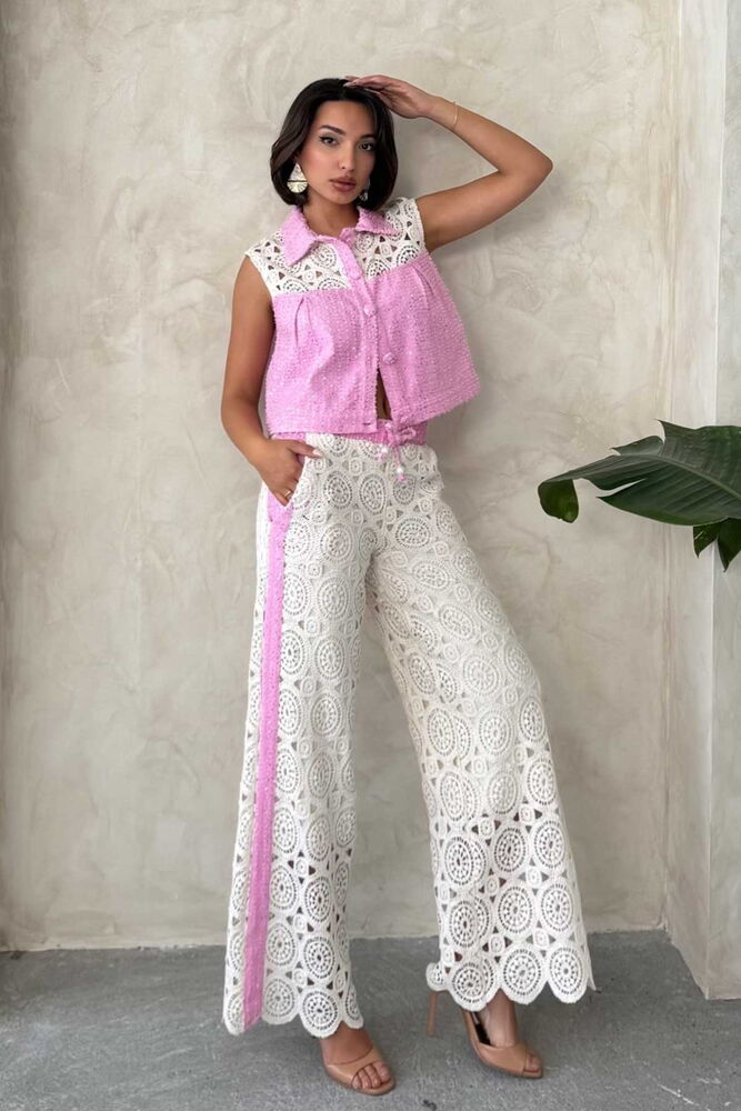 Kot Detaylı Dantel Pantolon - Pembe