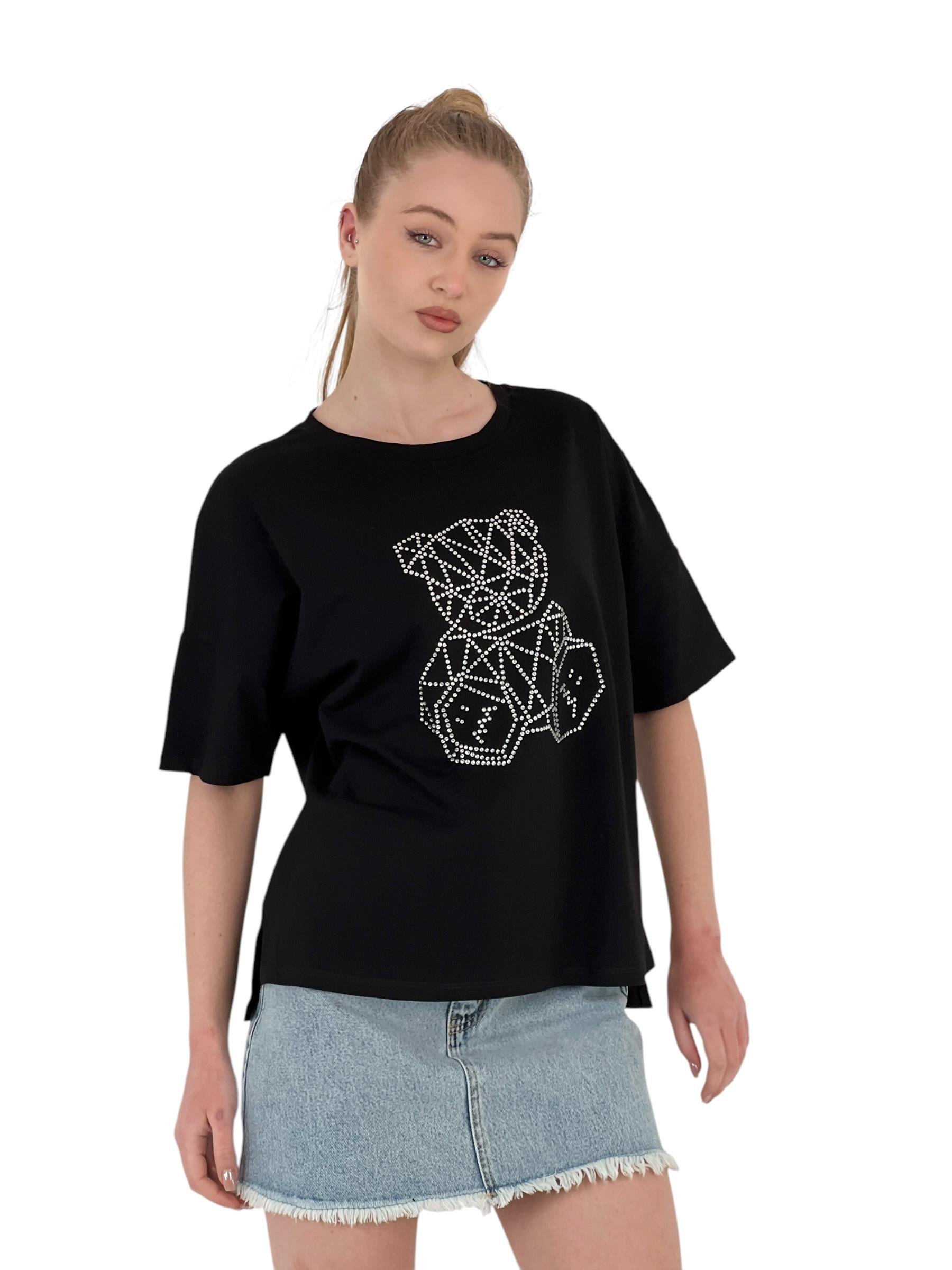 Taş İşlemeli Geometrik Ayıcık Oversize Tişört – Siyah & Beyaz