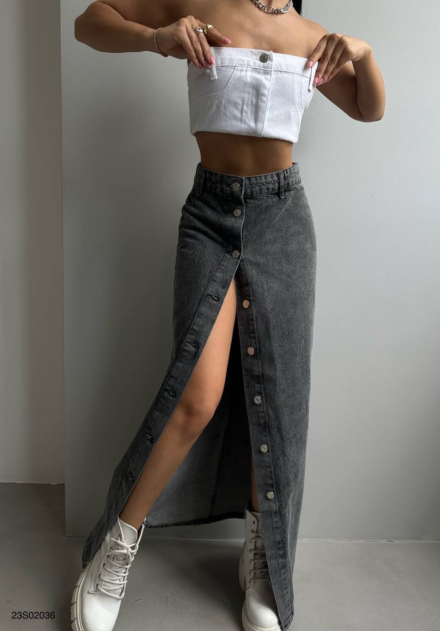 Düğme Detay Maxi Denim Etek - Siyah