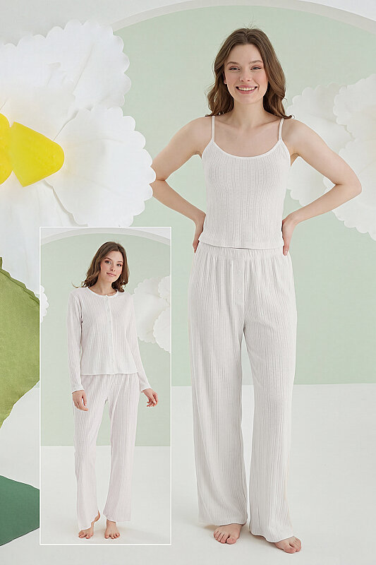 Ekru Loungewear Pintel 3'lü Pijama Takımı