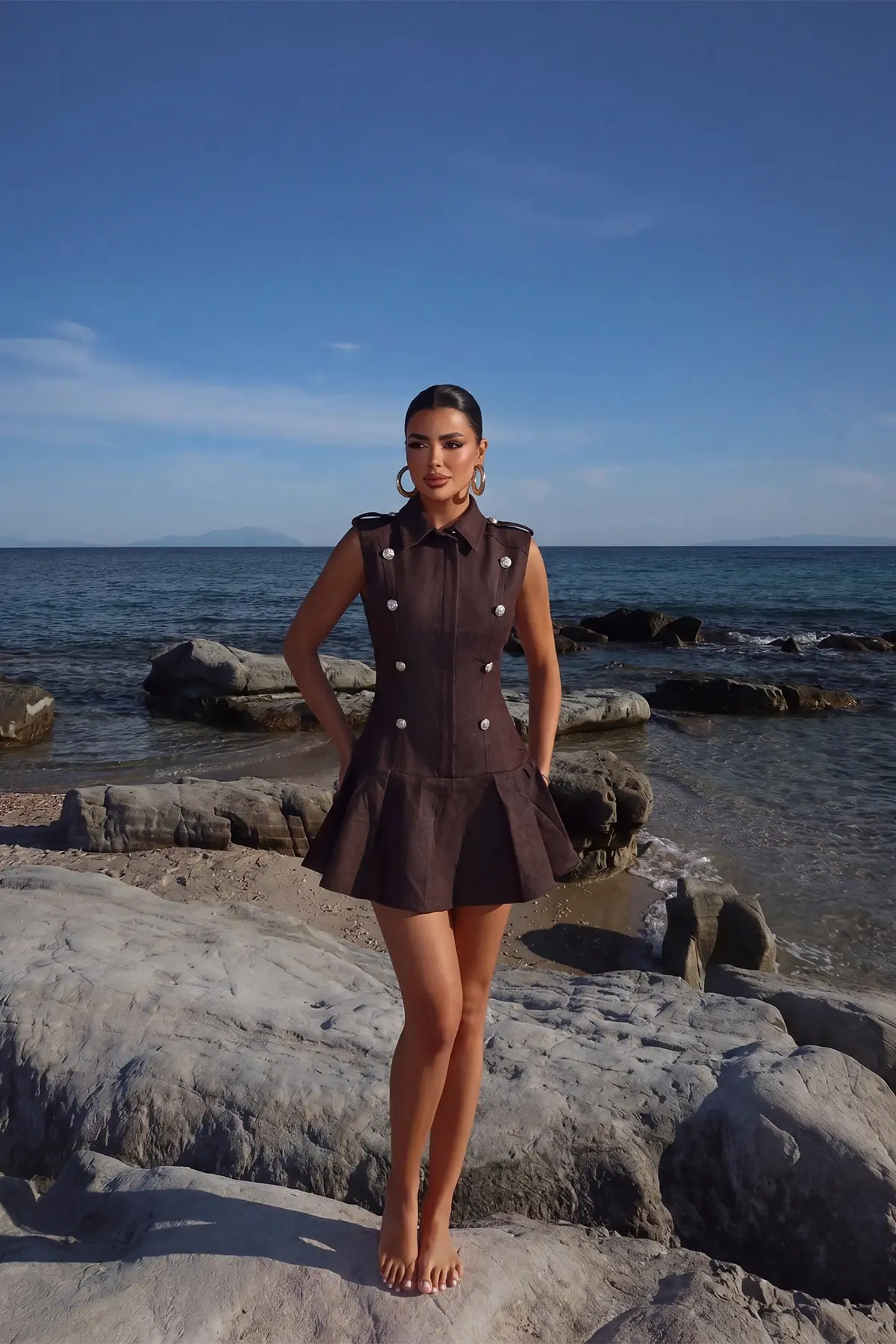 Kahverengi Fit & Flare Polo Yaka Mini Elbise