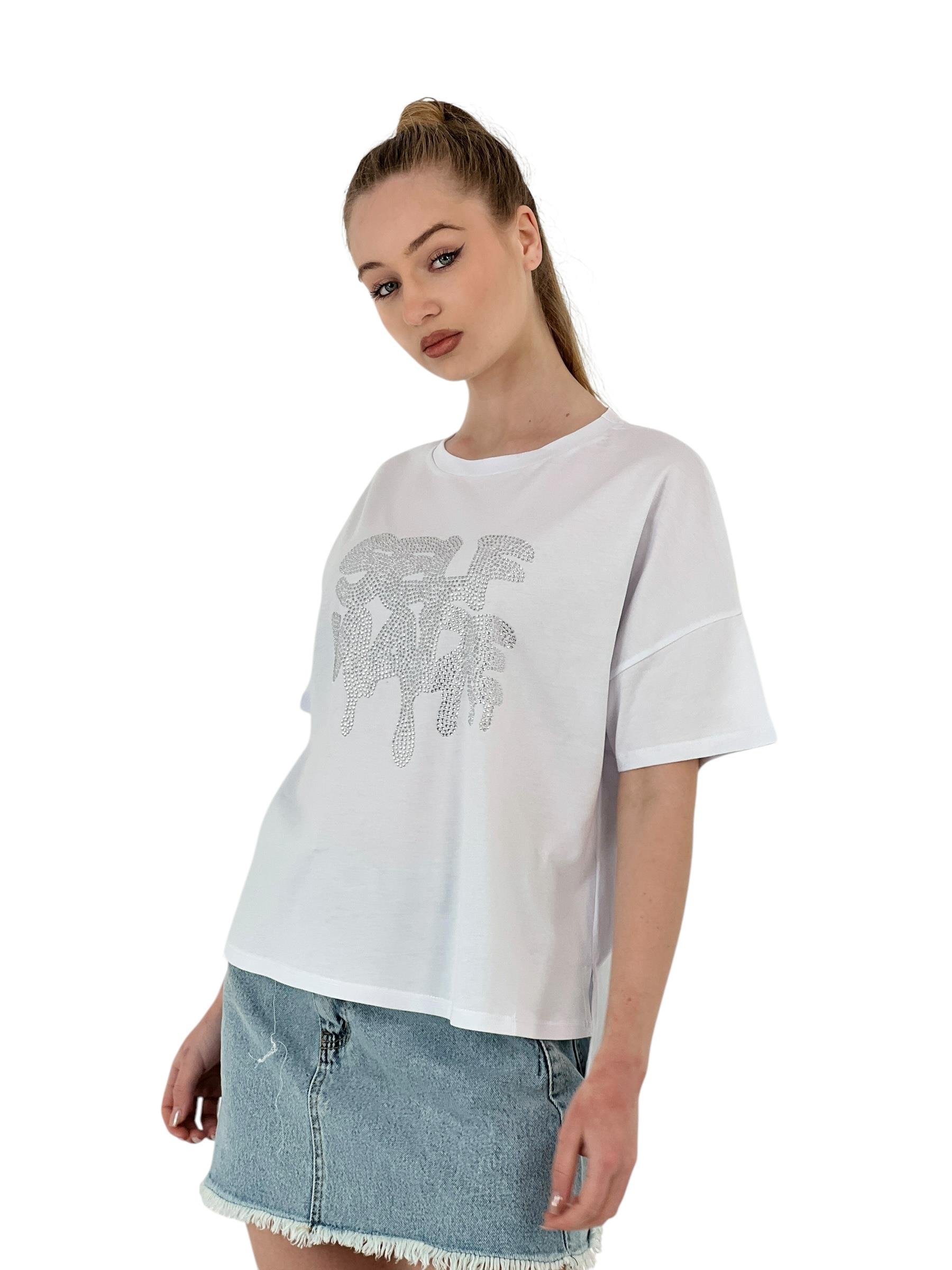 Taş İşlemeli "self Made" Oversize Tişört – Gri & Beyaz